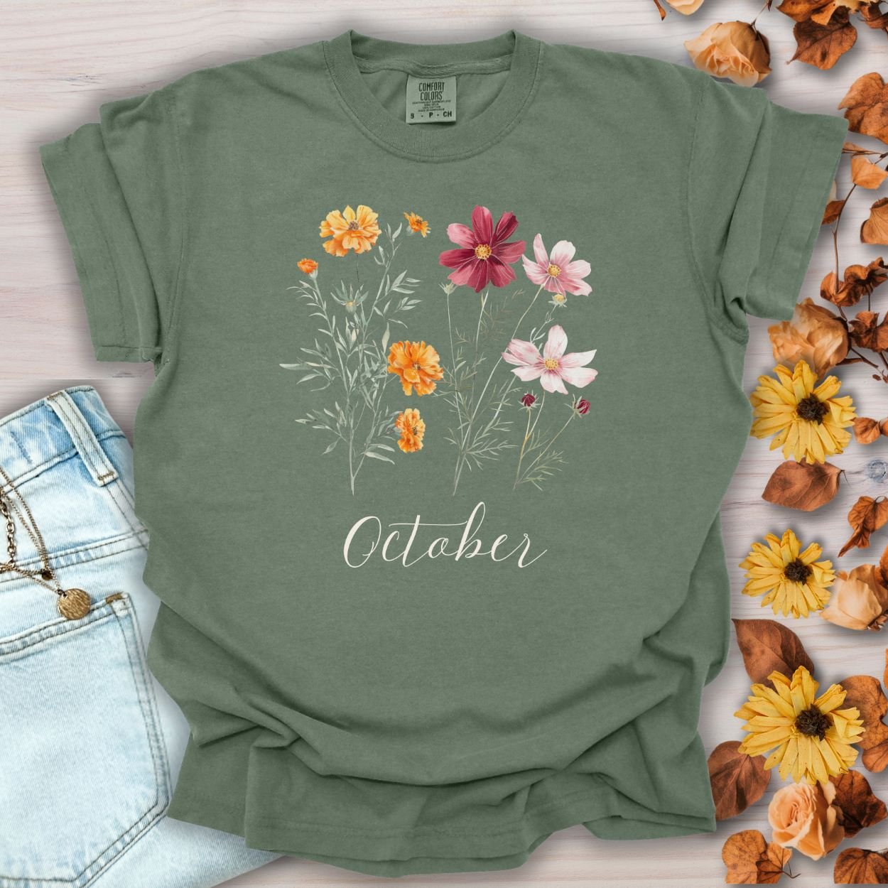 October Birth Month Flower T-Shirt — Cosmos & Marigold