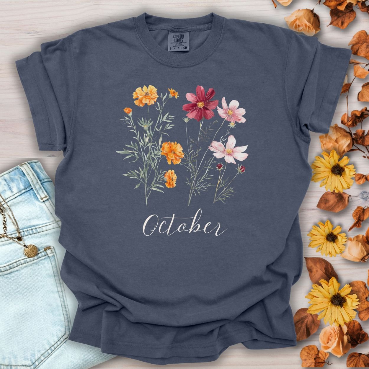 October Birth Month Flower T-Shirt — Cosmos & Marigold