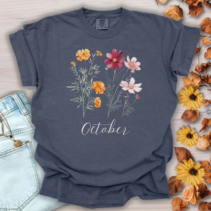 October Birth Month Flower T-Shirt — Cosmos & Marigold