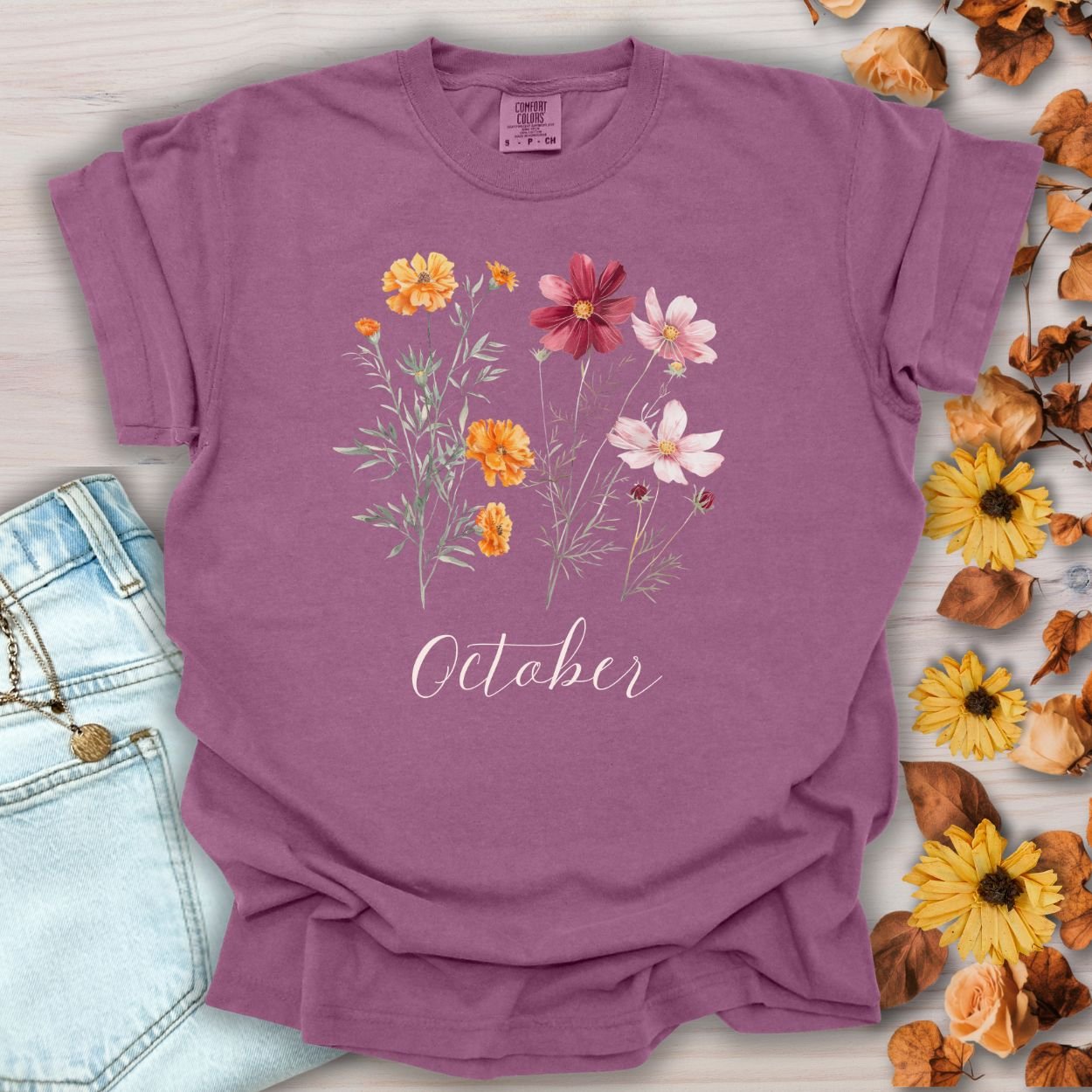 October Birth Month Flower T-Shirt — Cosmos & Marigold