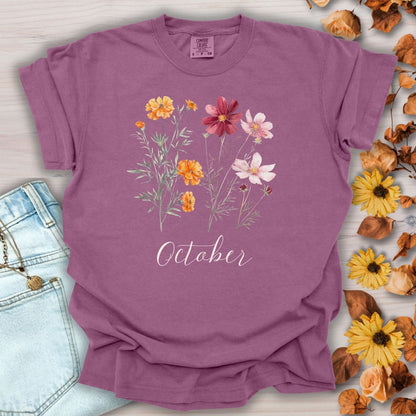 October Birth Month Flower T-Shirt — Cosmos & Marigold