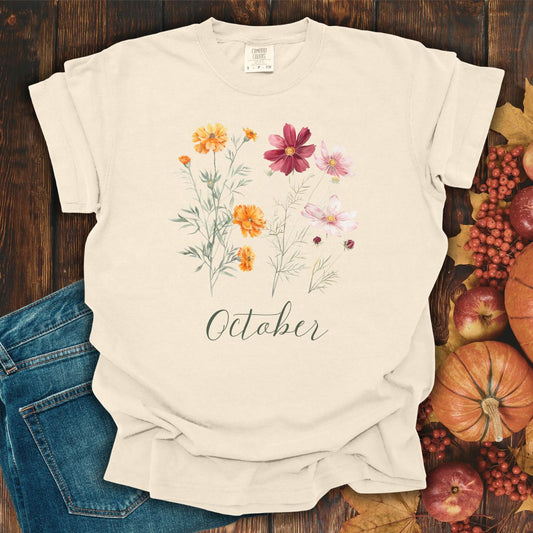 October Birth Month Flower T-Shirt — Cosmos & Marigold
