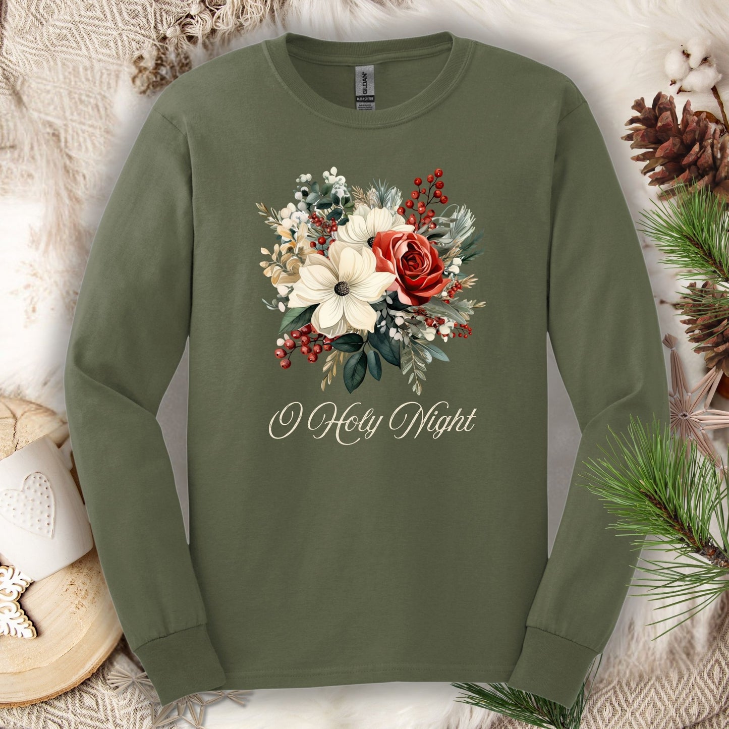 Military Green long sleeve tee with a watercolor Christmas bouquet and "O Holy Night" text.