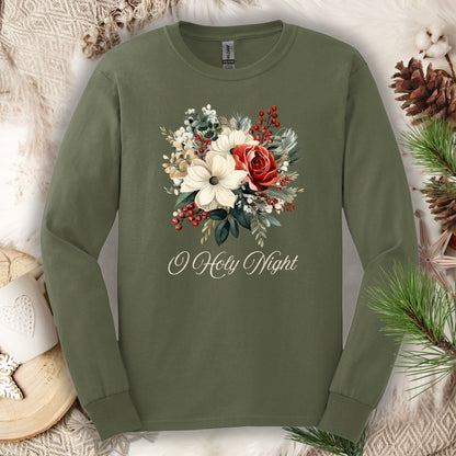 Military Green long sleeve tee with a watercolor Christmas bouquet and "O Holy Night" text.