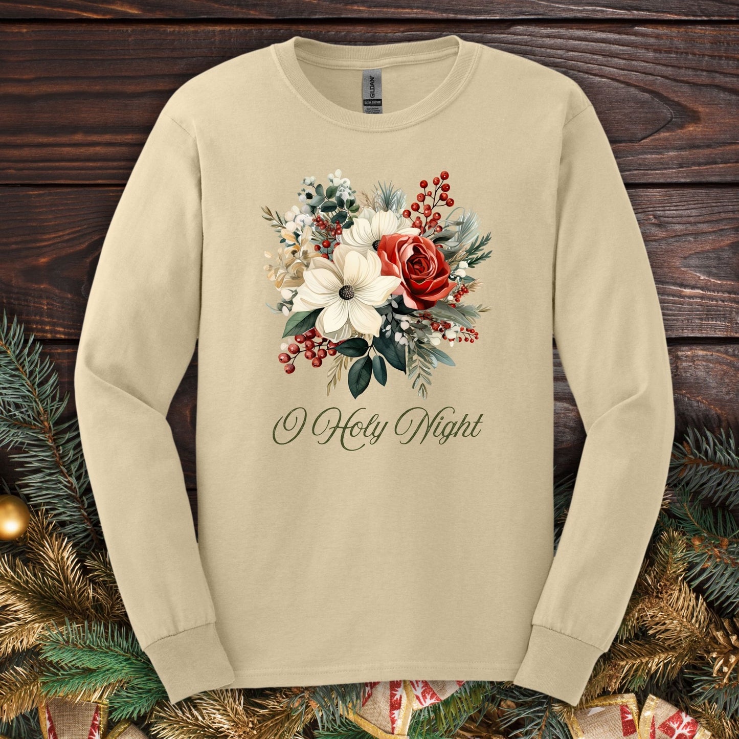 Sand long sleeve tee with a watercolor Christmas bouquet of poinsettias, roses, and "O Holy Night" text.