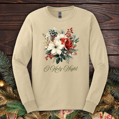 Sand long sleeve tee with a watercolor Christmas bouquet of poinsettias, roses, and "O Holy Night" text.