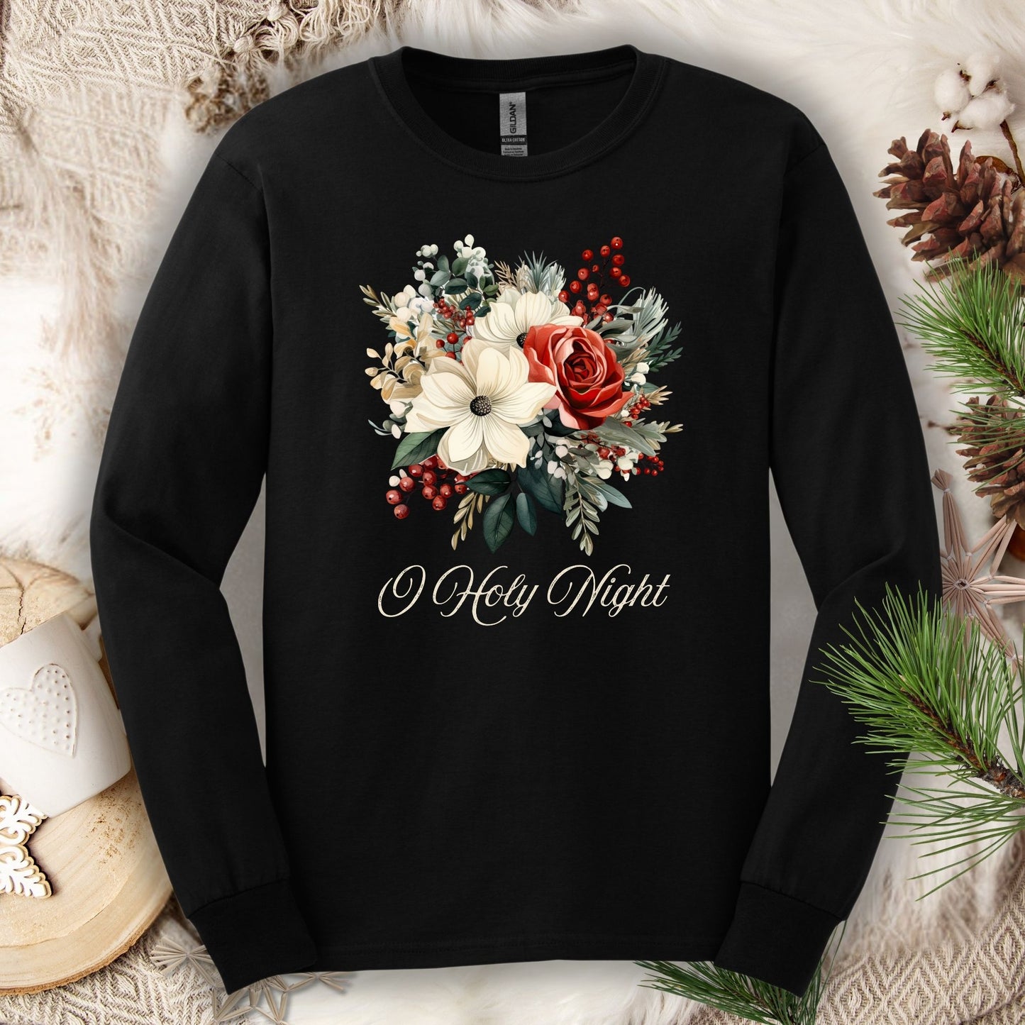 Black long sleeve tee with watercolor Christmas bouquet of poinsettias, roses, and "O Holy Night" text.
