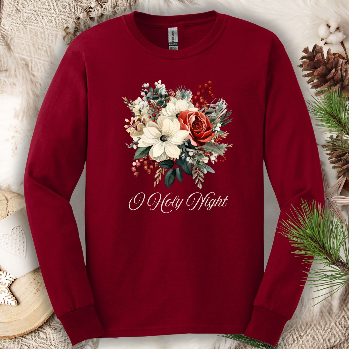 Cardinal Red long sleeve tee with a watercolor Christmas bouquet of poinsettias, roses, and "O Holy Night" text.