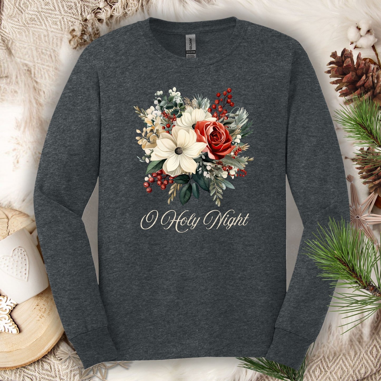 Dark heather long sleeve tee with a watercolor Christmas bouquet and "O Holy Night" text.