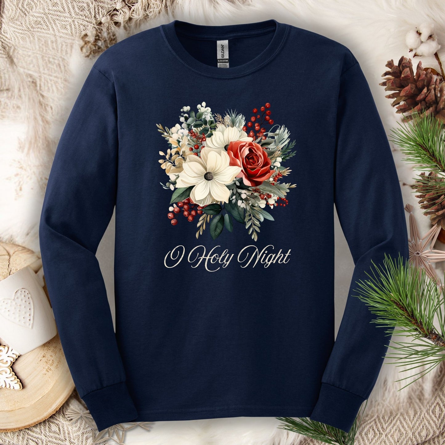 Navy Gildan long sleeve tee with a watercolor Christmas bouquet and "O Holy Night" text.