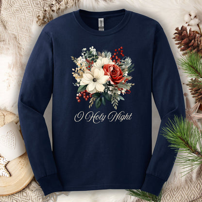 Navy Gildan long sleeve tee with a watercolor Christmas bouquet and "O Holy Night" text.