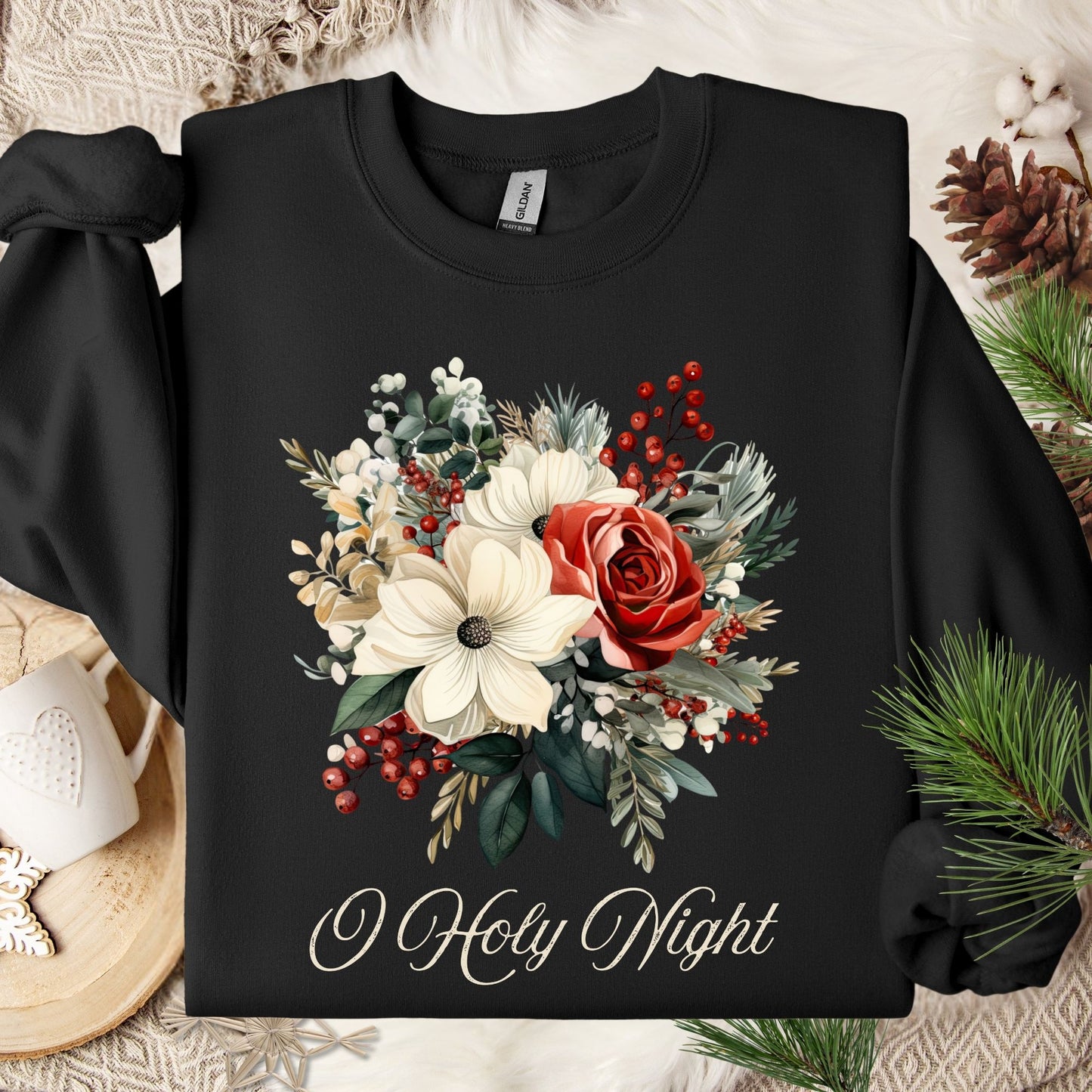 Black Gildan sweatshirt with vintage poinsettia, rose, and holiday foliage bouquet, plus "O Holy Night" text.