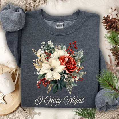 Dark Heather Gildan sweatshirt with vintage poinsettia, rose, and "O Holy Night" graphic.