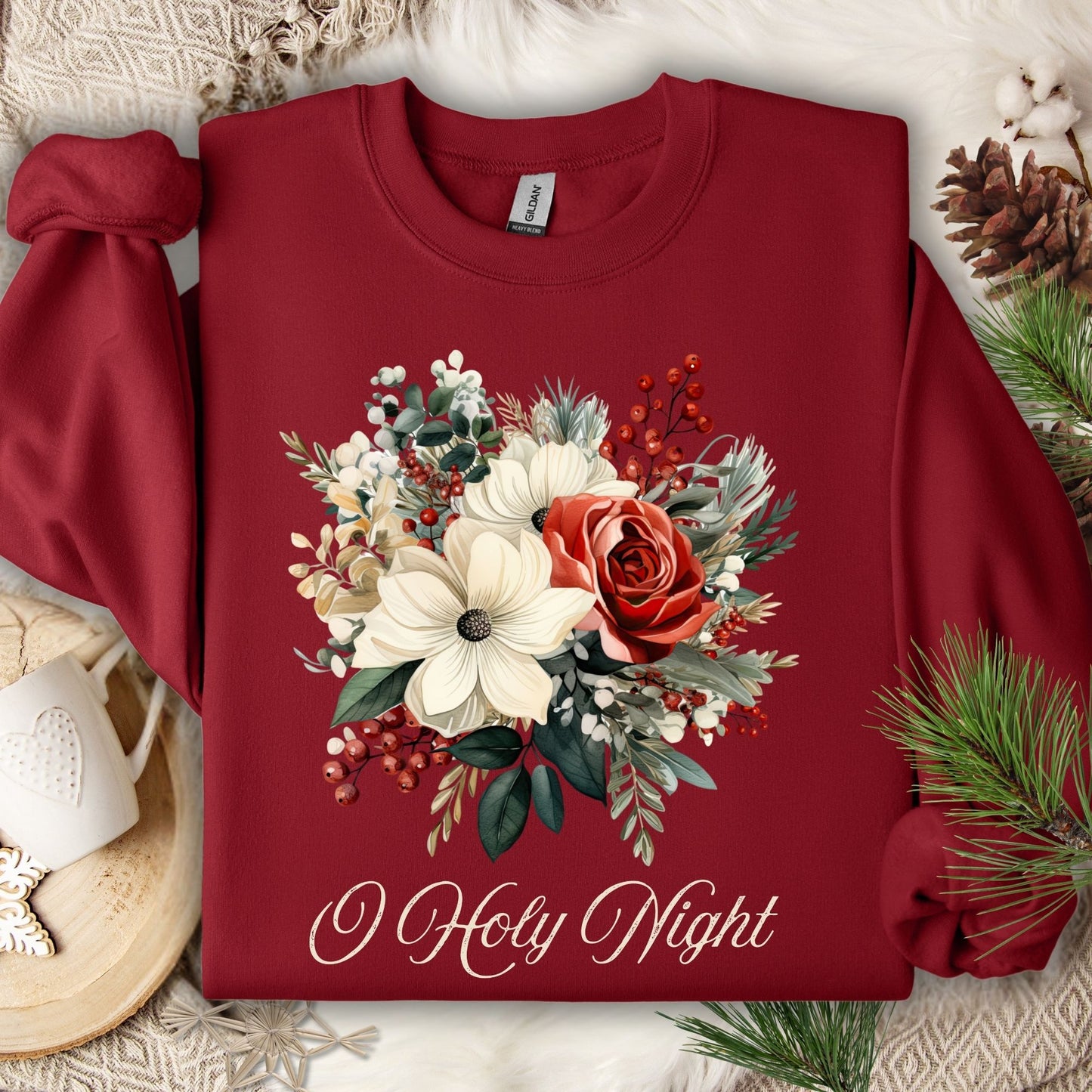 Garnet Gildan sweatshirt with vintage poinsettia, rose, and holiday foliage bouquet, "O Holy Night" text.
