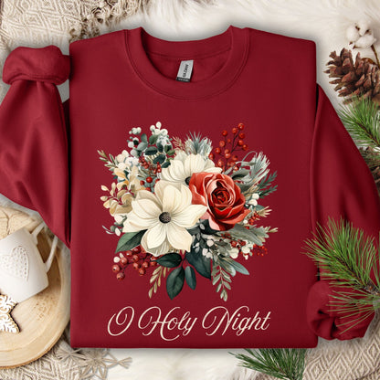 Garnet Gildan sweatshirt with vintage poinsettia, rose, and holiday foliage bouquet, "O Holy Night" text.