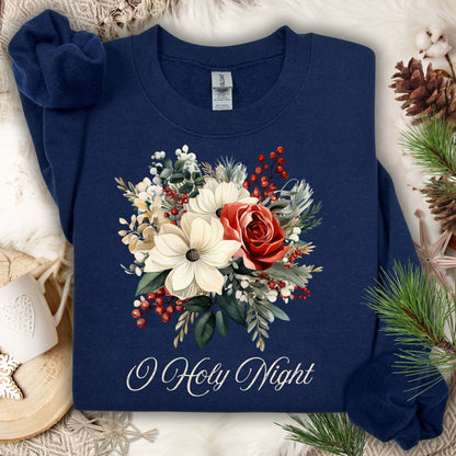Navy Gildan sweatshirt with vintage poinsettia, rose, and foliage bouquet, "O Holy Night" text.