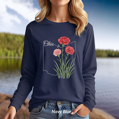 Ohio State Flower Long Sleeve Tee — Scarlet Carnation