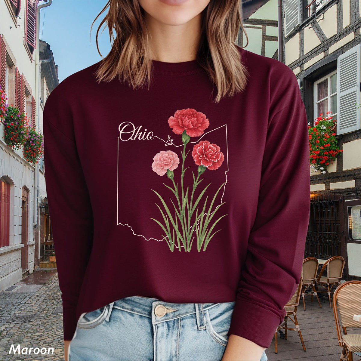 Ohio State Flower Long Sleeve Tee — Scarlet Carnation