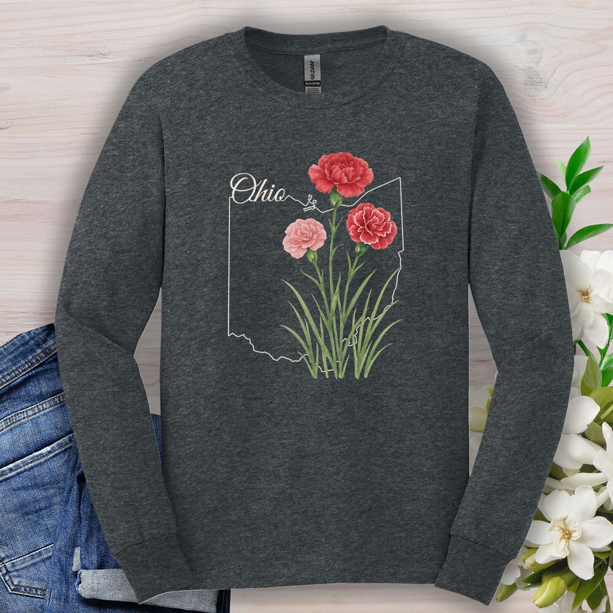 Ohio State Flower Long Sleeve Tee — Scarlet Carnation