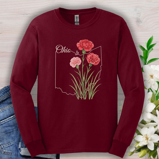 Ohio State Flower Long Sleeve Tee — Scarlet Carnation