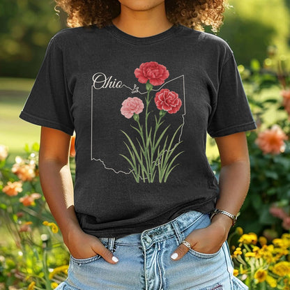 Relaxed-fit, garment-dyed black t-shirt with red and pink carnations layered over an Ohio outline.
