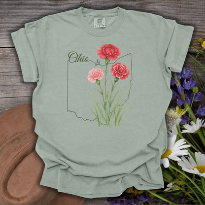 Garment-dyed Bay S t-shirt with red and pink carnations over an Ohio outline.