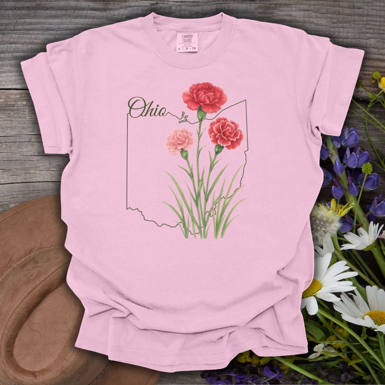 Blossom pink garment-dyed t-shirt with red and pink carnations layered over an Ohio outline.