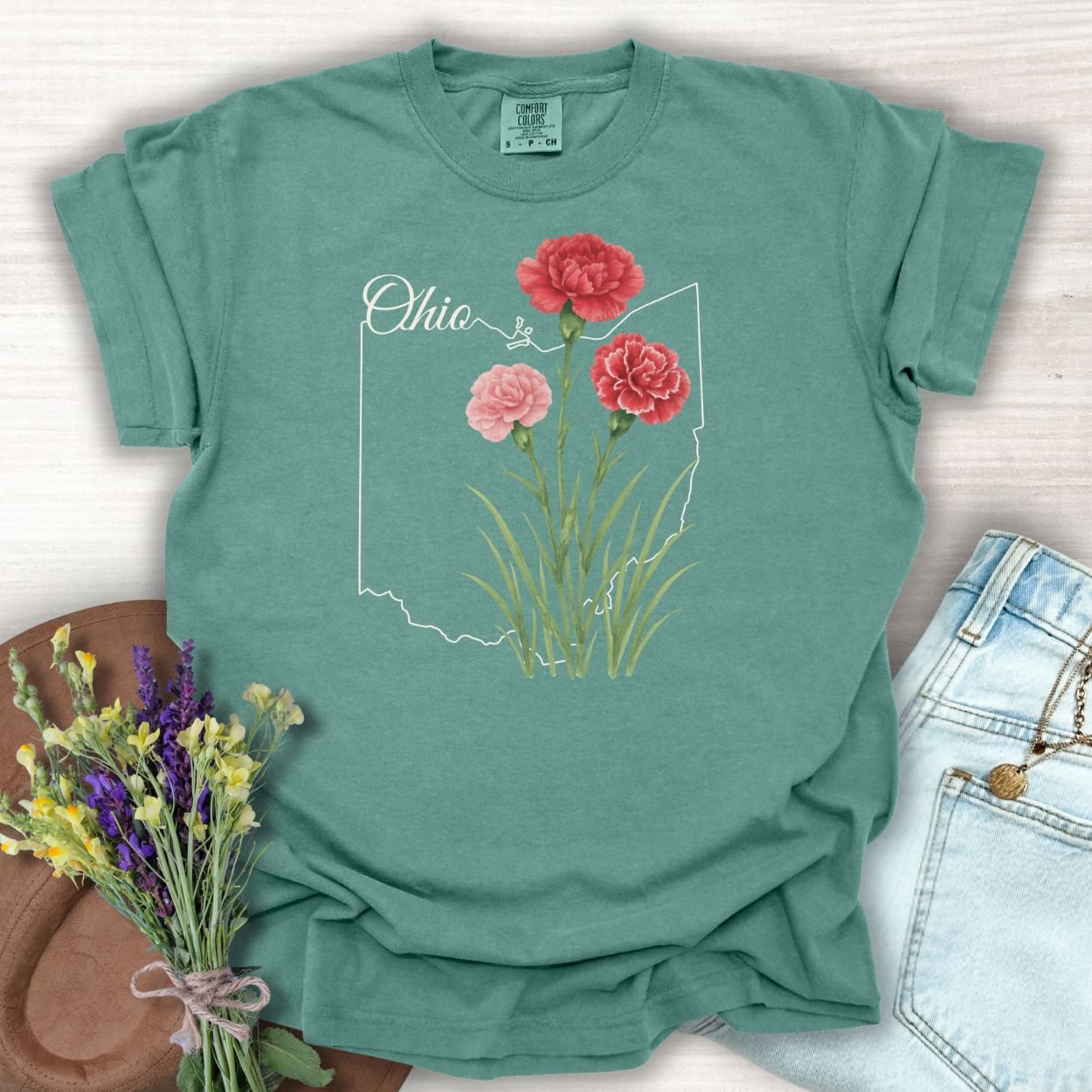 Light green S-sized t-shirt with a white Ohio outline and red and pink carnation illustration.