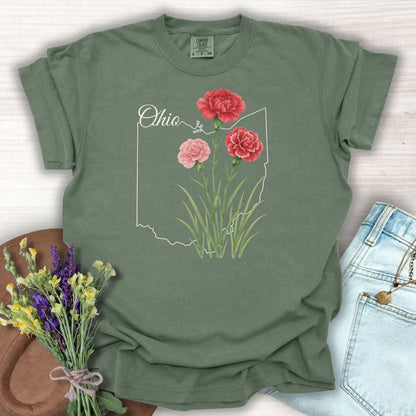 Moss green garment-dyed t-shirt with red and pink carnations over an Ohio outline.