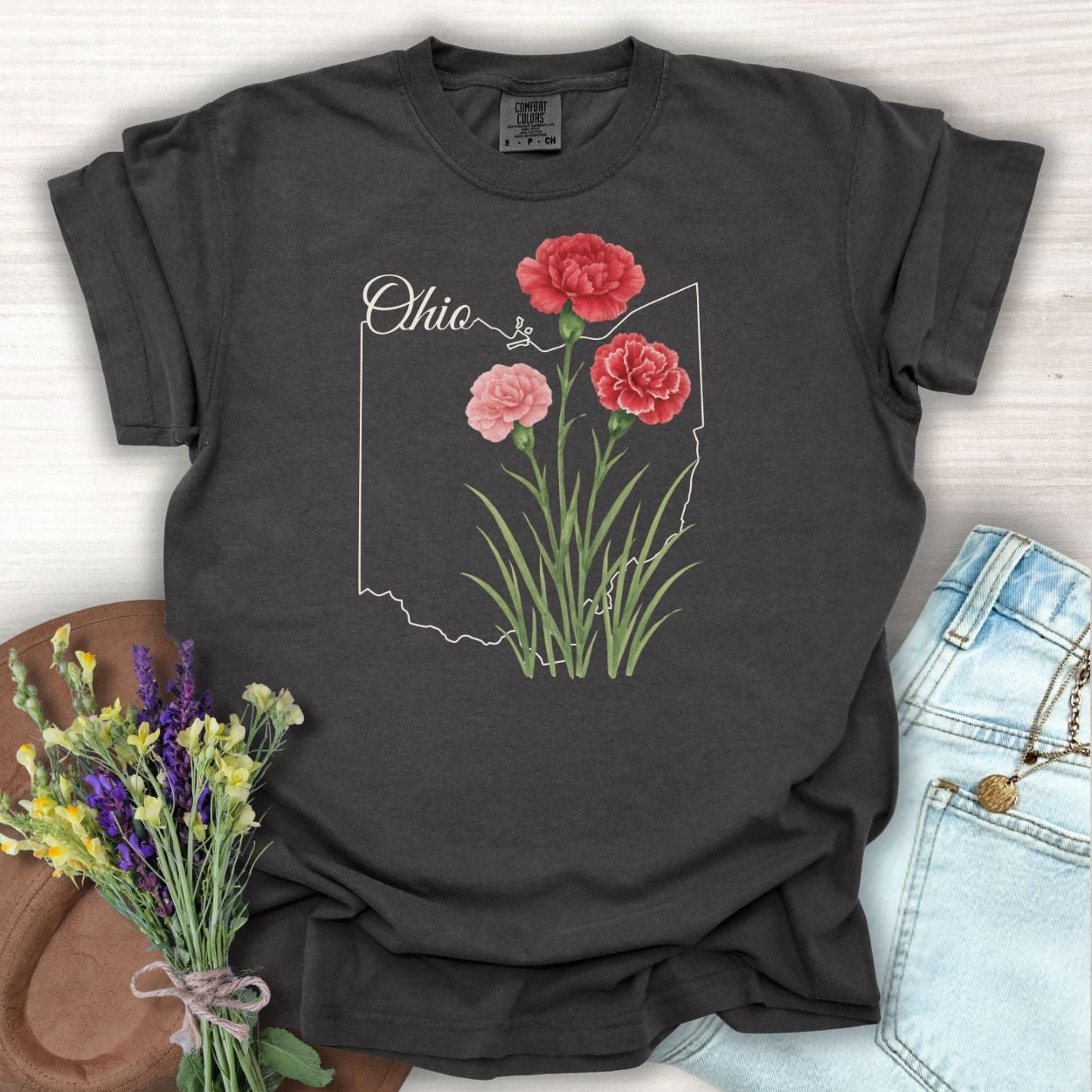 Pepper S Ohio State Flower T-Shirt with red and pink carnations over an Ohio outline.