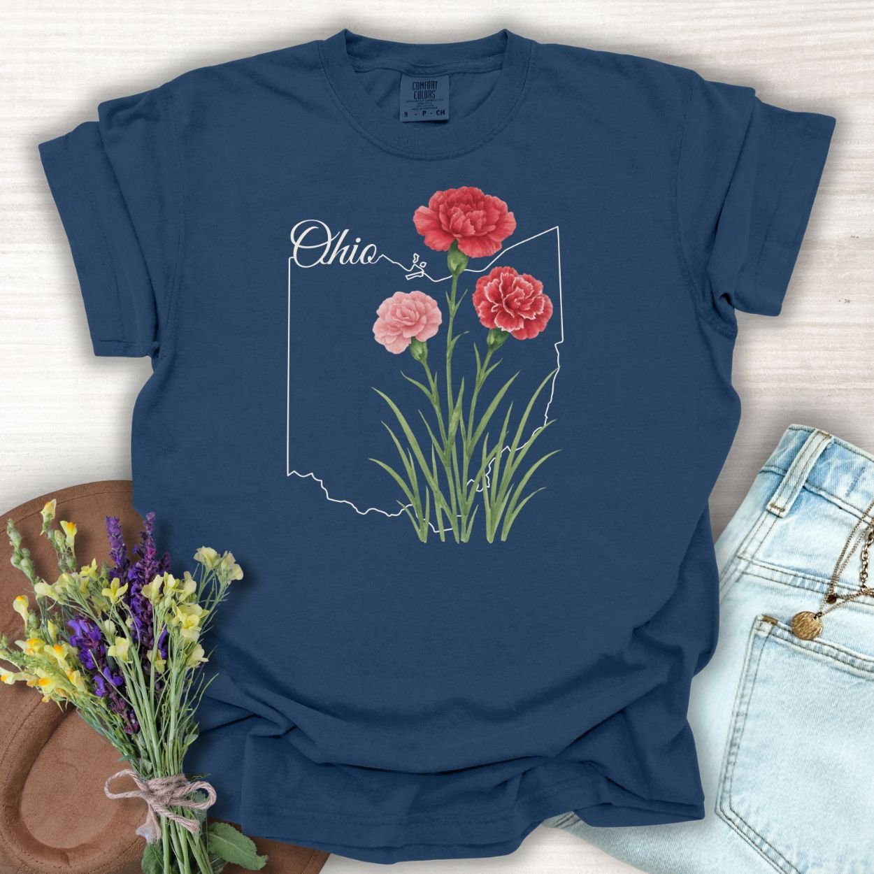 True Navy S Ohio State Flower T-Shirt with red and pink carnations over an Ohio outline.