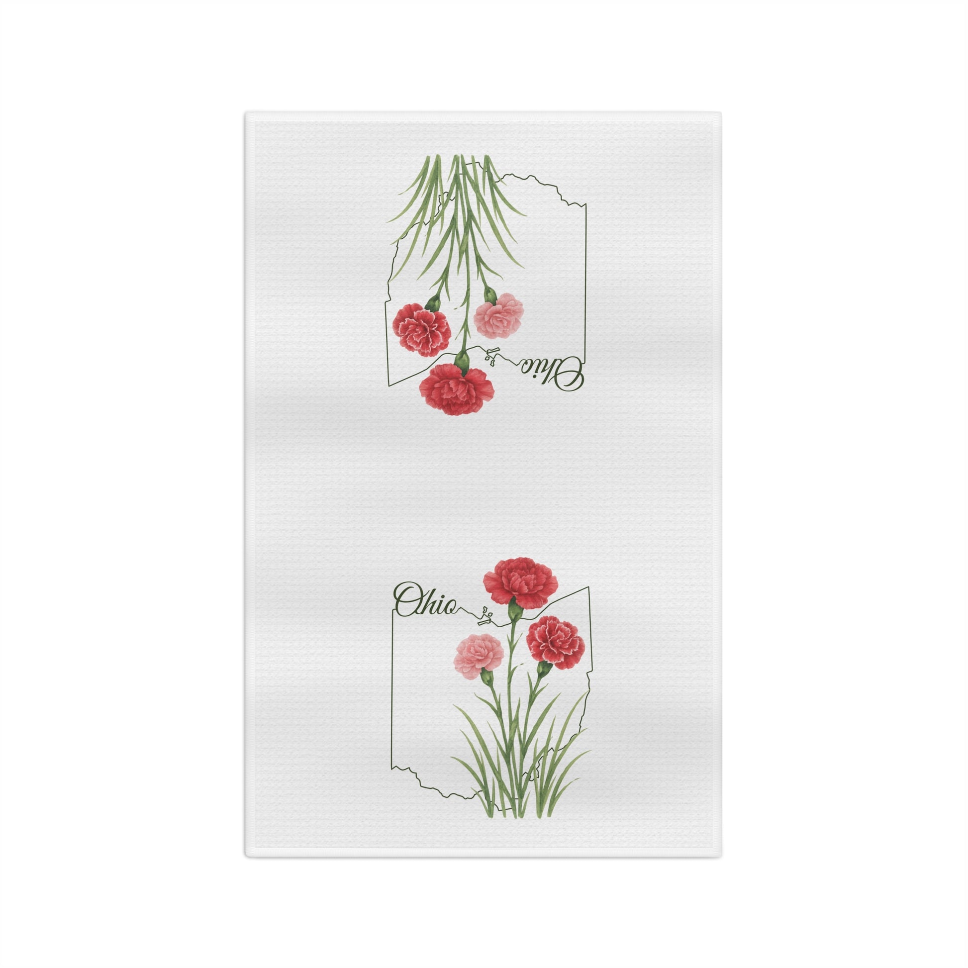 White microfiber tea towel with hand-drawn scarlet and pink carnations over an Ohio outline.