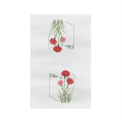 White microfiber tea towel with hand-drawn scarlet and pink carnations over an Ohio outline.