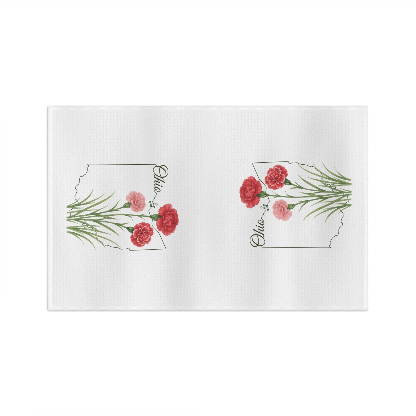 White microfiber tea towel with two Ohio outlines, each featuring red and pink carnations.