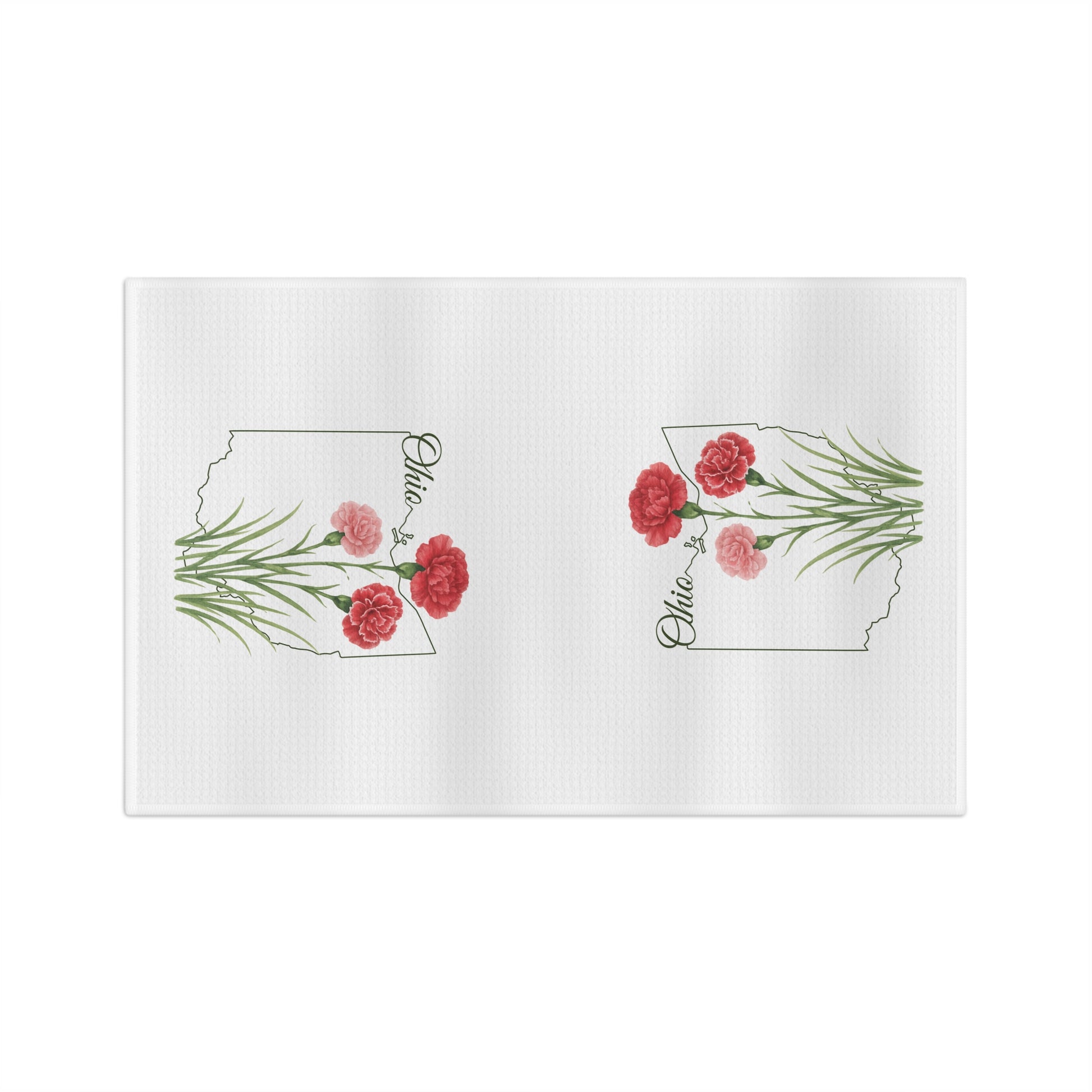 White microfiber tea towel with two Ohio outlines, each featuring red and pink carnations.