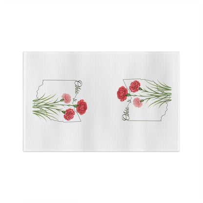White microfiber tea towel with two Ohio outlines, each featuring red and pink carnations.