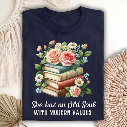 Navy S t-shirt with watercolor books, pink roses, and "She has an Old Soul WITH MODERN VALUES" text.