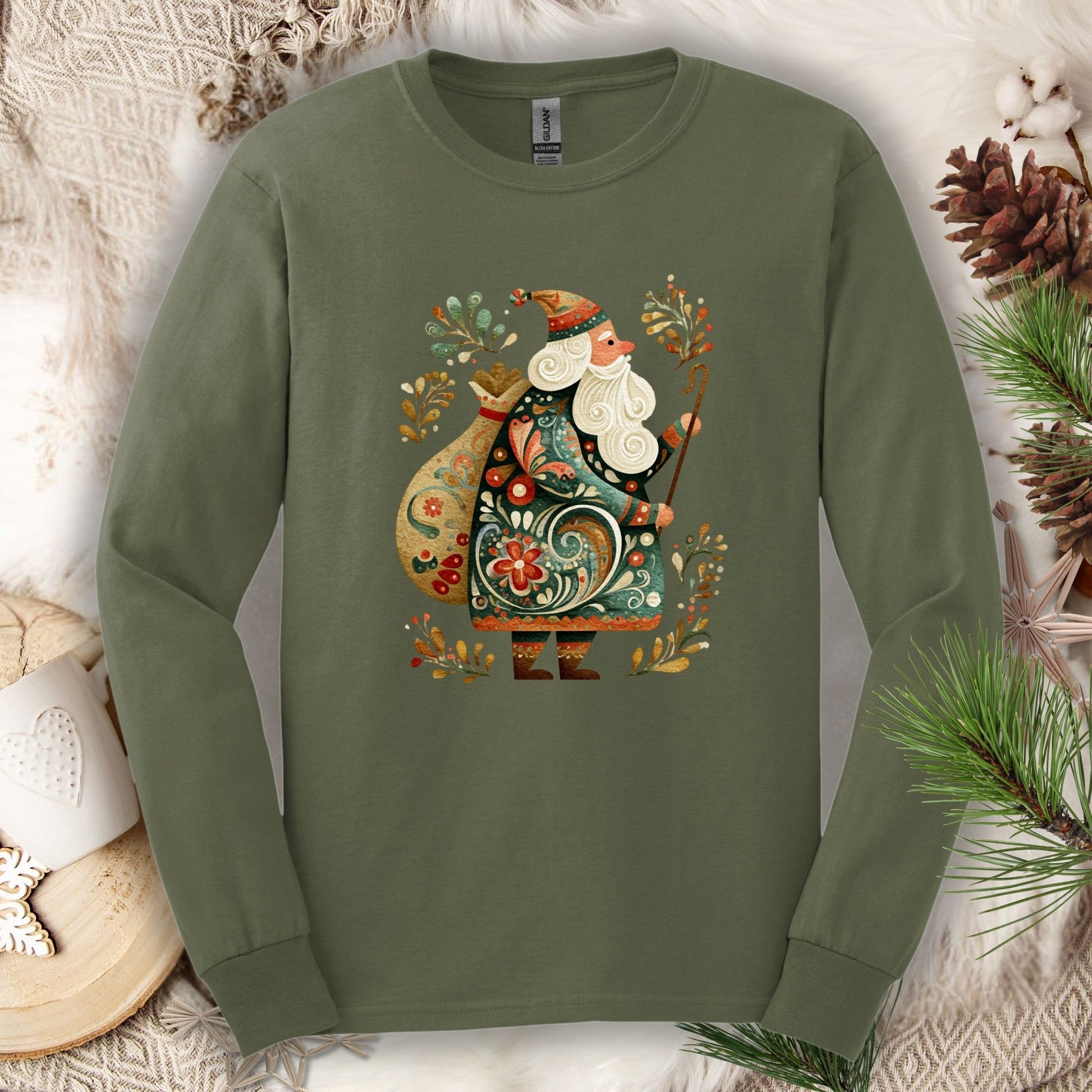 Olive green Gildan long sleeve tee with ornate Old World St. Nicholas folk art design.
