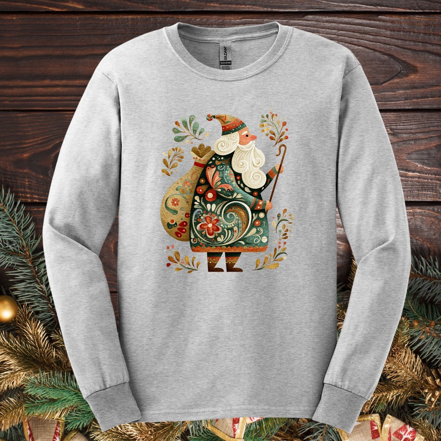Ash Gildan long sleeve tee with ornate Old World St. Nicholas folk art design.