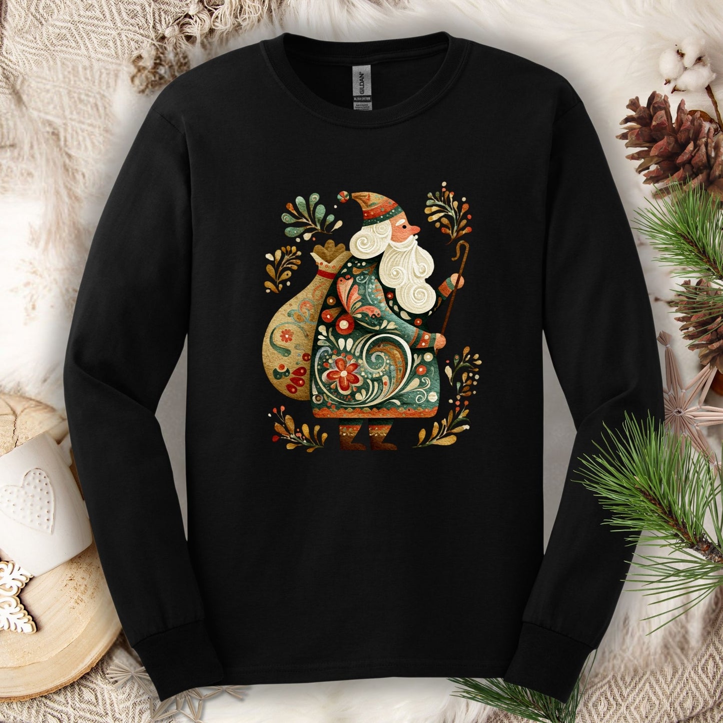 Black Gildan long sleeve tee with ornate Old World St. Nicholas folk art design.