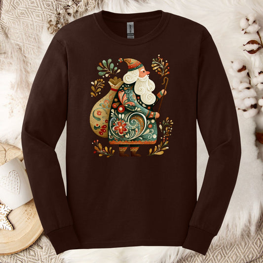 Dark Chocolate Gildan long sleeve tee with ornate Old World St. Nicholas folk art design.