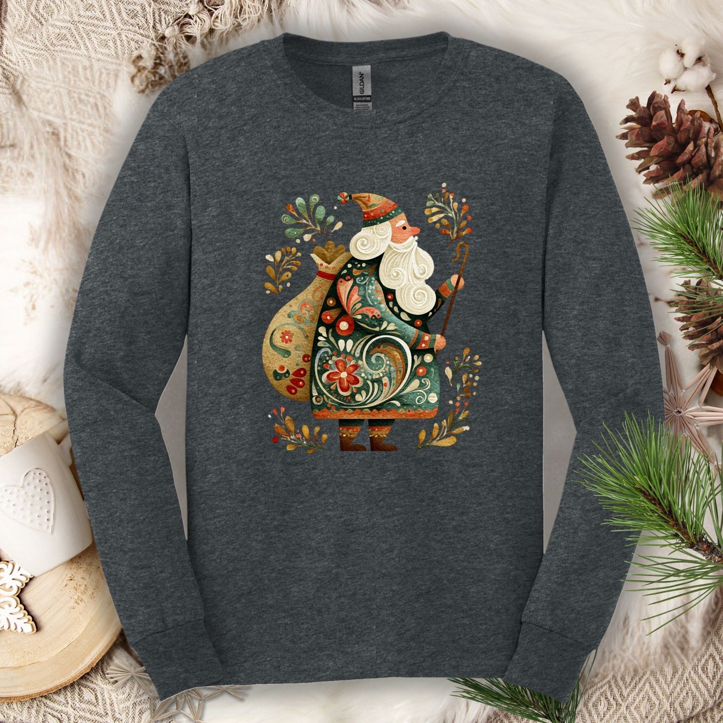 Dark Heather Gildan long sleeve tee with ornate Old World St. Nicholas folk art design.