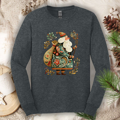 Dark Heather Gildan long sleeve tee with ornate Old World St. Nicholas folk art design.