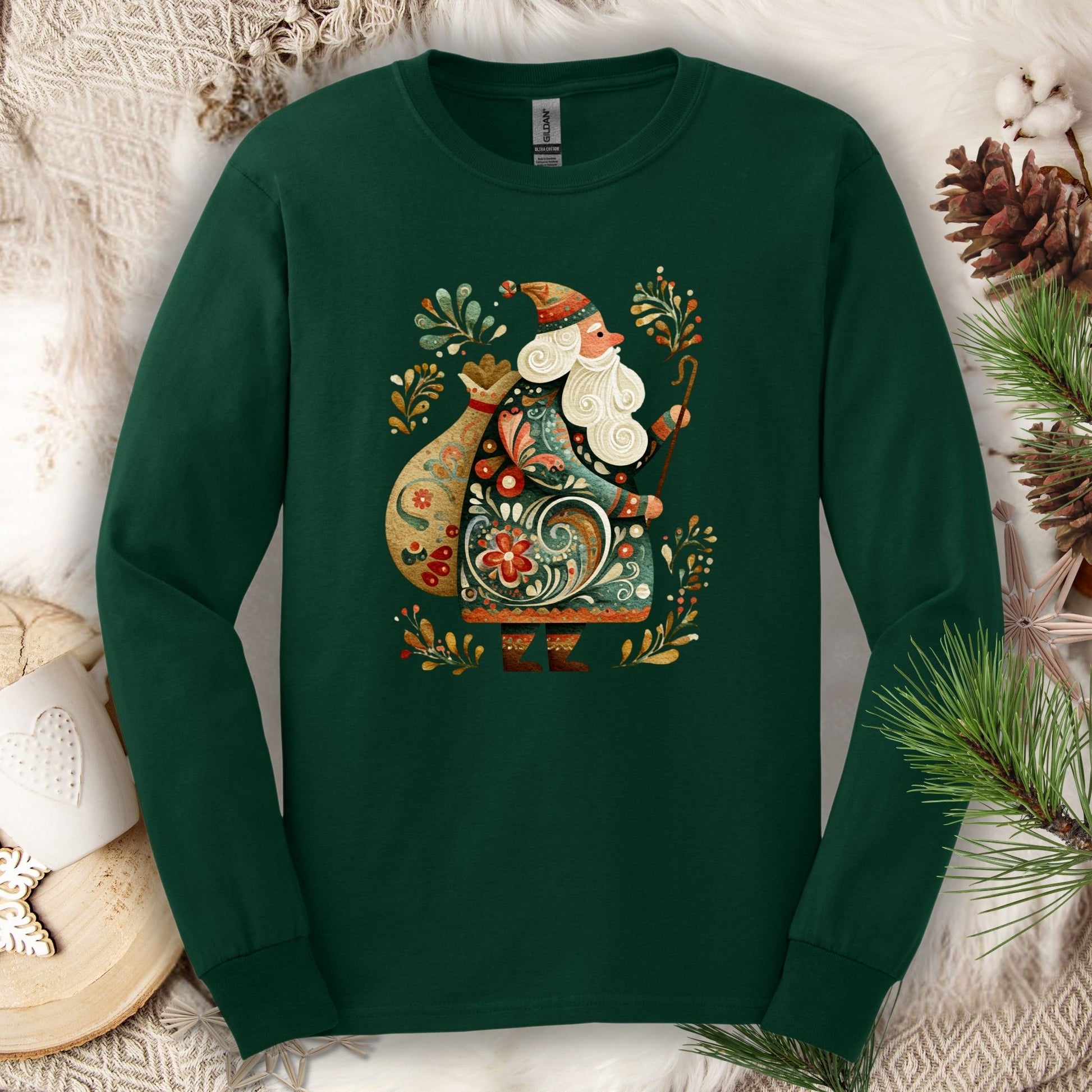 Forest Green Gildan long sleeve tee with ornate Old World St. Nicholas folk art design.