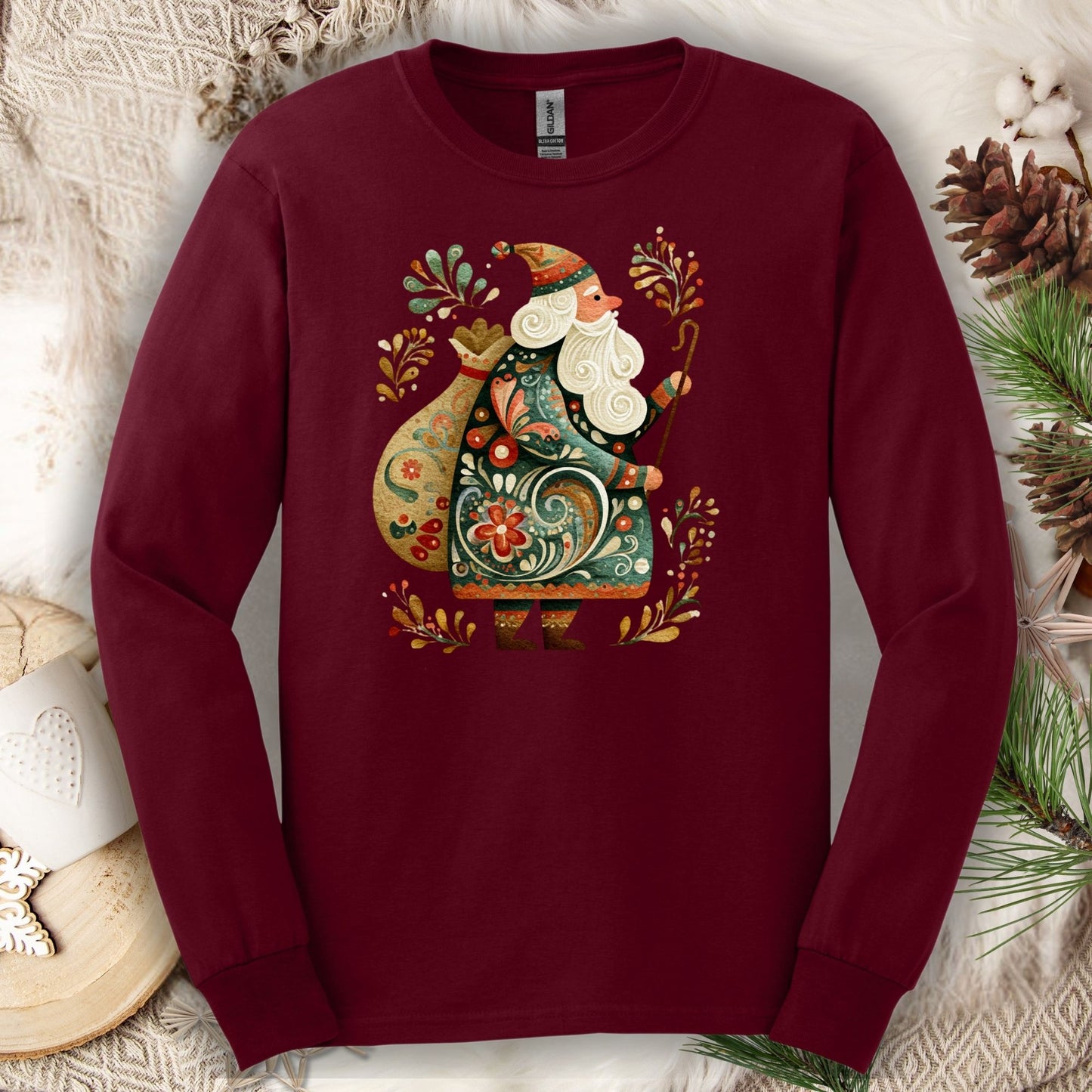 Maroon Gildan long sleeve tee with ornate Old World St. Nicholas folk art design.