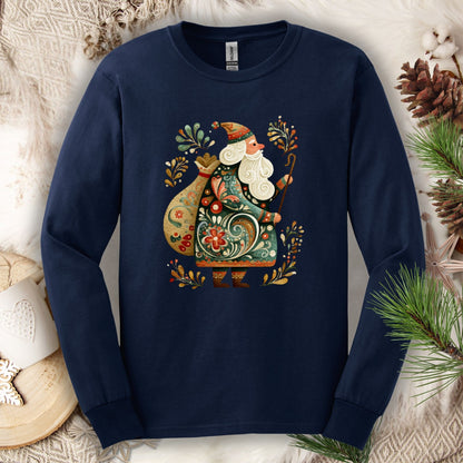 Navy Gildan long sleeve tee with ornate Eastern European folk art St. Nicholas design.