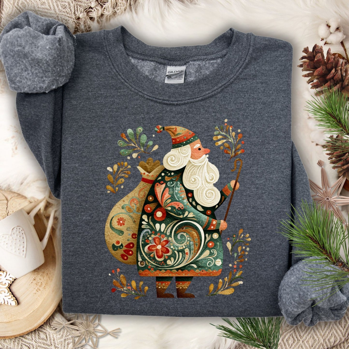 Charcoal gray Gildan sweatshirt with a colorful folk art St. Nicholas design, surrounded by festive patterns.