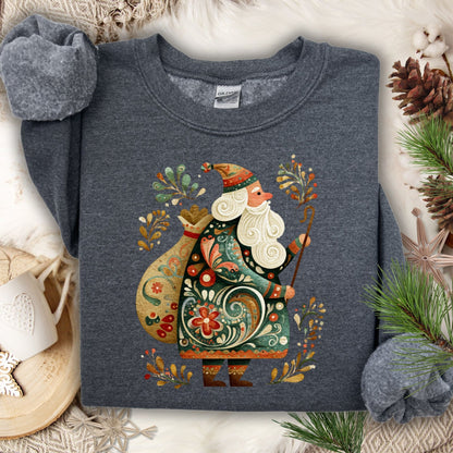 Charcoal gray Gildan sweatshirt with a colorful folk art St. Nicholas design, surrounded by festive patterns.