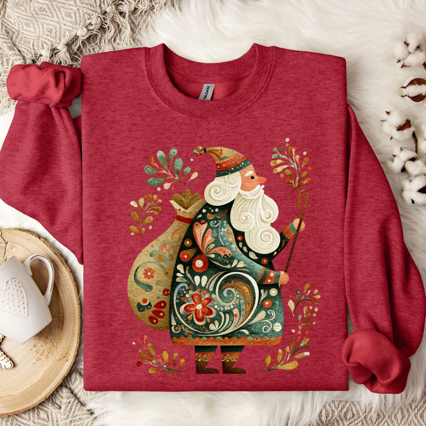 Antique Cherry Red Gildan sweatshirt with a folk art St. Nicholas design, surrounded by festive patterns.