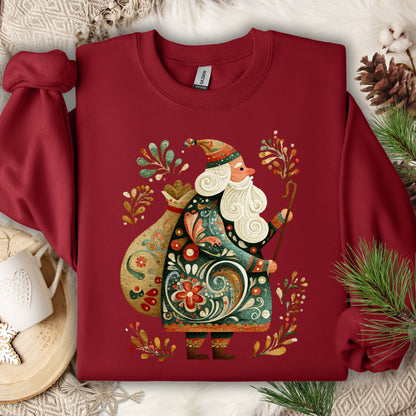 Cardinal Red Gildan sweatshirt with a colorful folk art St. Nicholas design and festive patterns.
